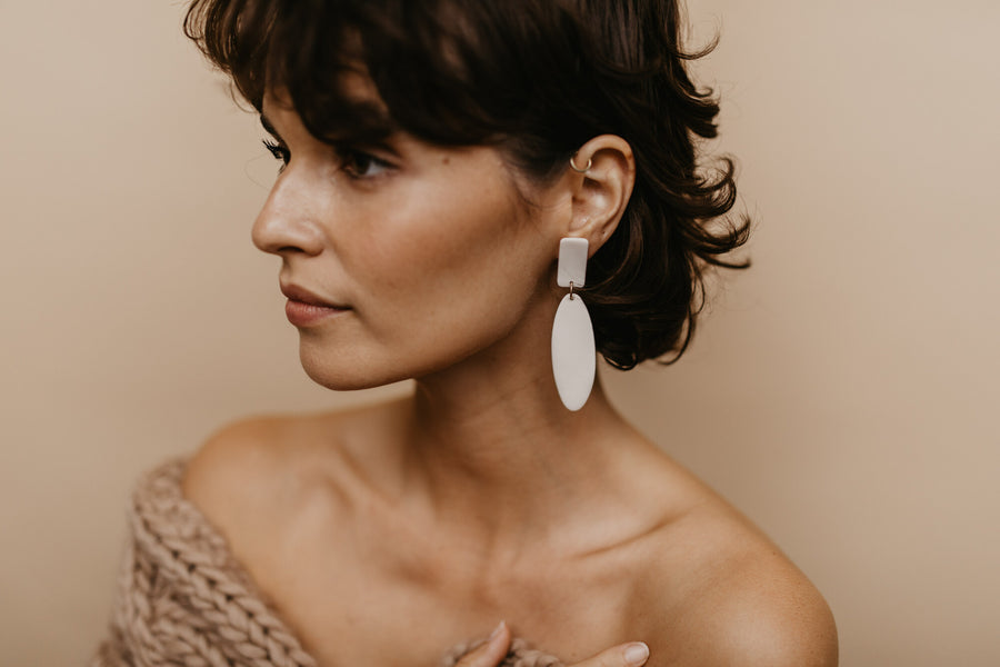 Porcelain earrings, ceramic jewelry. Rana drops, Sparkle Drops Collection, Ellen Debie Ceramics.